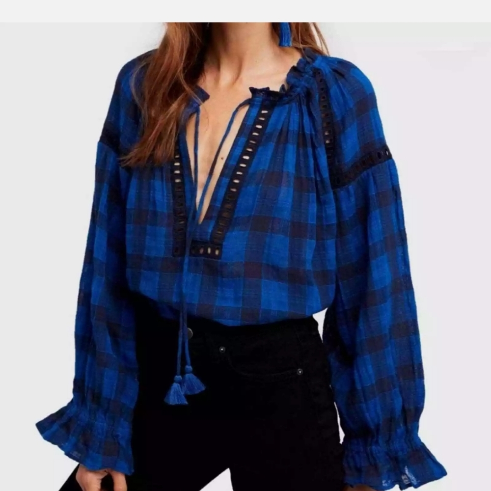 Free People Honey Grove Blue & Black Checkered Buffalo Plaid Peasant Top, Size S